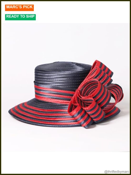 Striped Bowler Hat with Flower Decoration Wide Brim Flat Top Fedora Adjustable main image 6